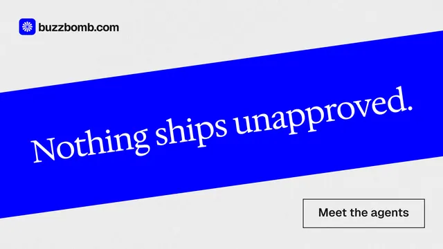 Landscape graphic for BuzzBomb: "Nothing ships unapproved." Editorial style, diagonal layout, light palette in blue, white.