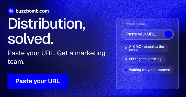 Social ad for BuzzBomb: "Distribution, solved." Swiss style, skeleton layout, dark palette in blue.