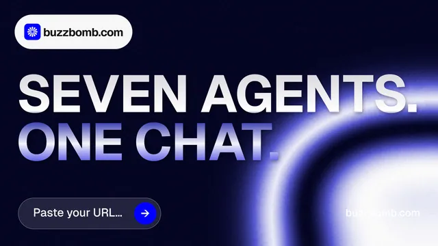 Landscape graphic for BuzzBomb: "Seven agents. One chat." Agentic glass style, poster layout, dark palette in black, blue.