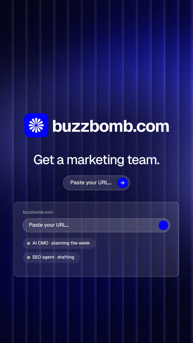 Instagram story for BuzzBomb: "Get a marketing team." Agentic glass style, logo hero layout, dark palette in black, blue.