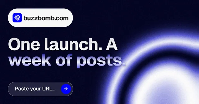 Social ad for BuzzBomb: "One launch. A week of posts." Agentic glass style, announce layout, dark palette in black, blue.