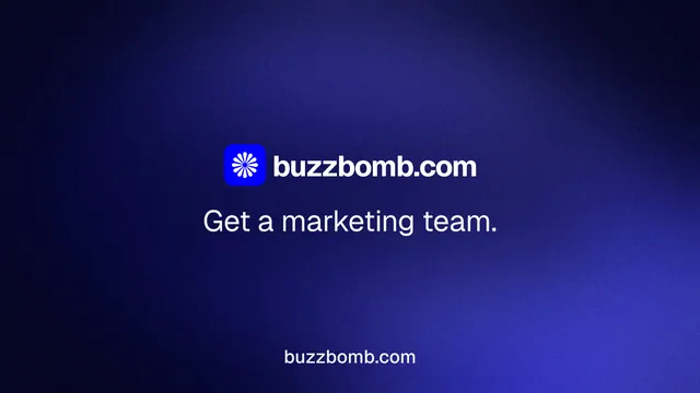 Landscape graphic for BuzzBomb: "Get a marketing team." Minimal luxury style, end card layout, dark palette in black, blue.