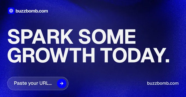 Social ad for BuzzBomb: "Spark some growth today." Agentic glass style, poster layout, dark palette in blue.
