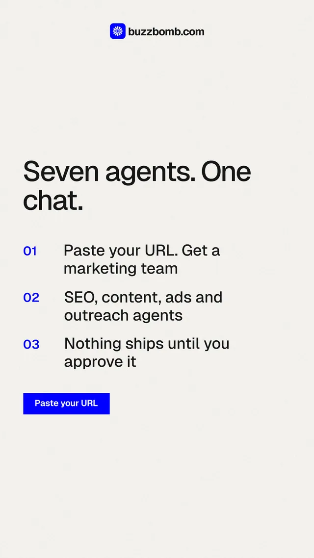 Instagram story for BuzzBomb: "Seven agents. One chat." Swiss style, numbered layout, light palette in white.