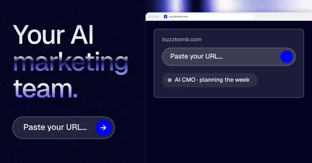 Social ad for BuzzBomb: "Your AI marketing team." Agentic glass style, browser layout, dark palette in blue, black, grey.