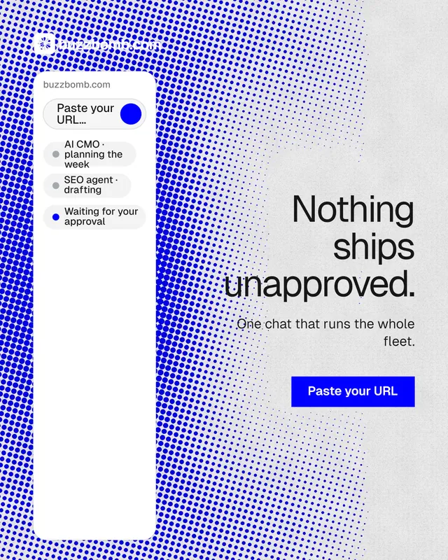 Instagram portrait post for BuzzBomb: "Nothing ships unapproved." Swiss style, right layout, light palette in white, blue.