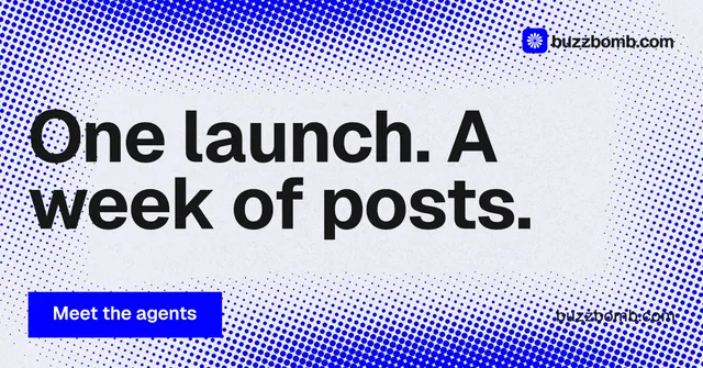 Social ad for BuzzBomb: "One launch. A week of posts." Swiss style, poster layout, light palette in blue, white.