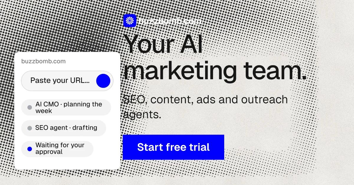 Social ad for BuzzBomb: "Your AI marketing team." Swiss style, skeleton layout, light palette in grey, white.