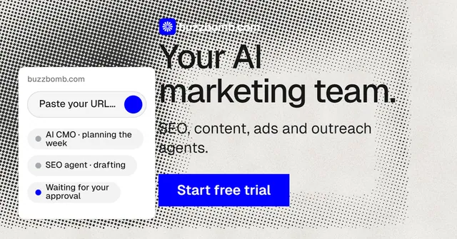 Social ad for BuzzBomb: "Your AI marketing team." Swiss style, skeleton layout, light palette in grey, white.