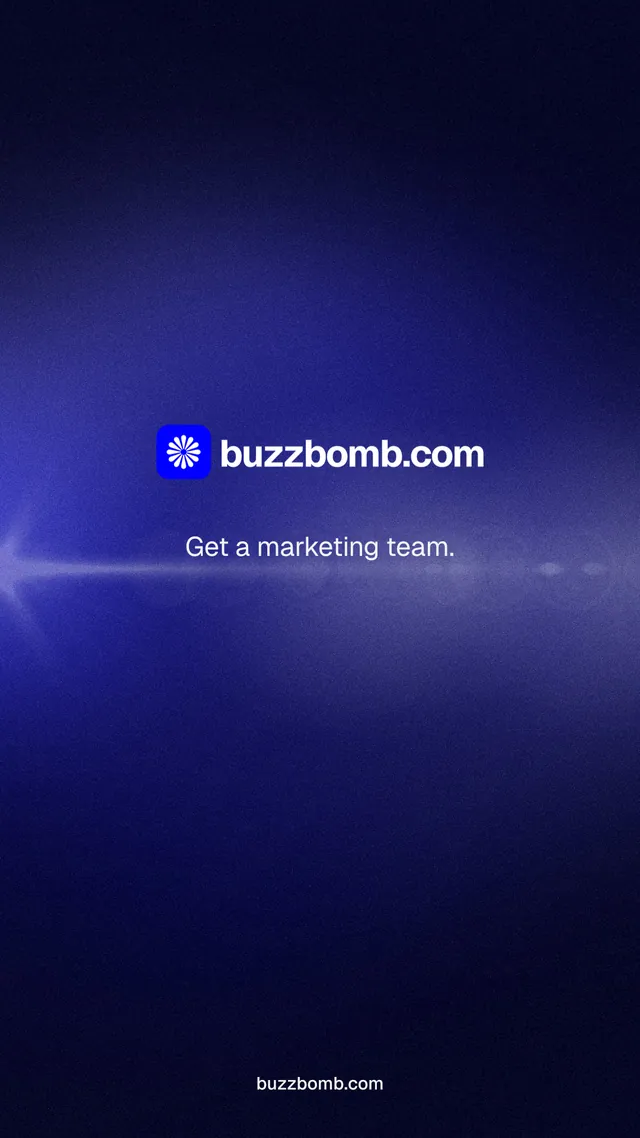 Instagram story for BuzzBomb: "Get a marketing team." Agentic glass style, end card layout, dark palette in black, blue.
