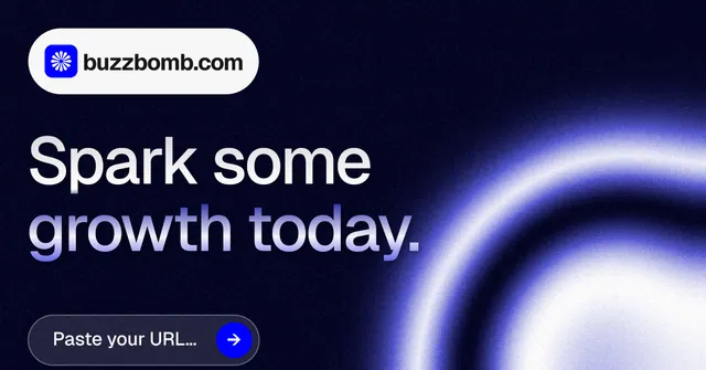 Social ad for BuzzBomb: "Spark some growth today." Agentic glass style, announce layout, dark palette in black, blue.