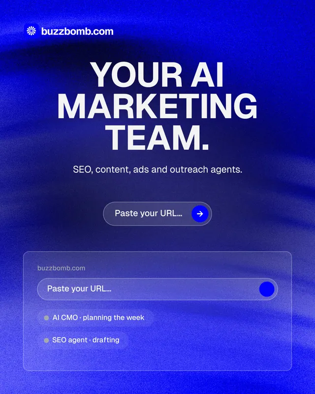 Instagram portrait post for BuzzBomb: "Your AI marketing team." Agentic glass style, centred layout, dark palette in blue.