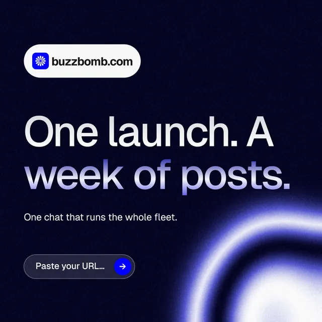 Instagram post for BuzzBomb: "One launch. A week of posts." Agentic glass style, announce layout, dark palette in black, blue.