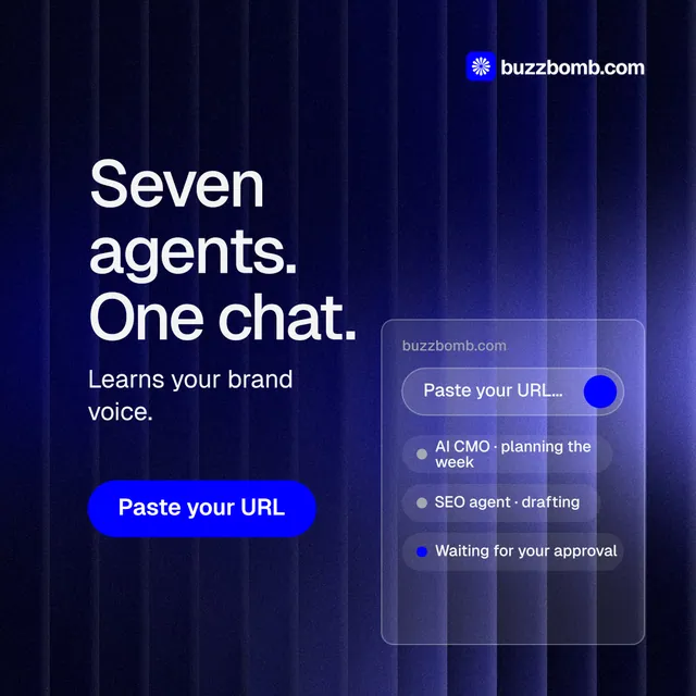 Instagram post for BuzzBomb: "Seven agents. One chat." Agentic glass style, skeleton layout, dark palette in black, blue.