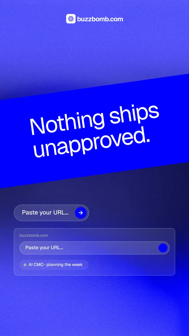 Instagram story for BuzzBomb: "Nothing ships unapproved." Agentic glass style, diagonal layout, dark palette in blue.