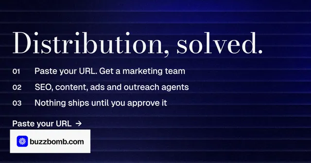 Social ad for BuzzBomb: "Distribution, solved." Minimal luxury style, numbered layout, dark palette in black, blue, grey.