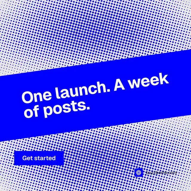 Instagram post for BuzzBomb: "One launch. A week of posts." Swiss style, diagonal layout, light palette in blue.