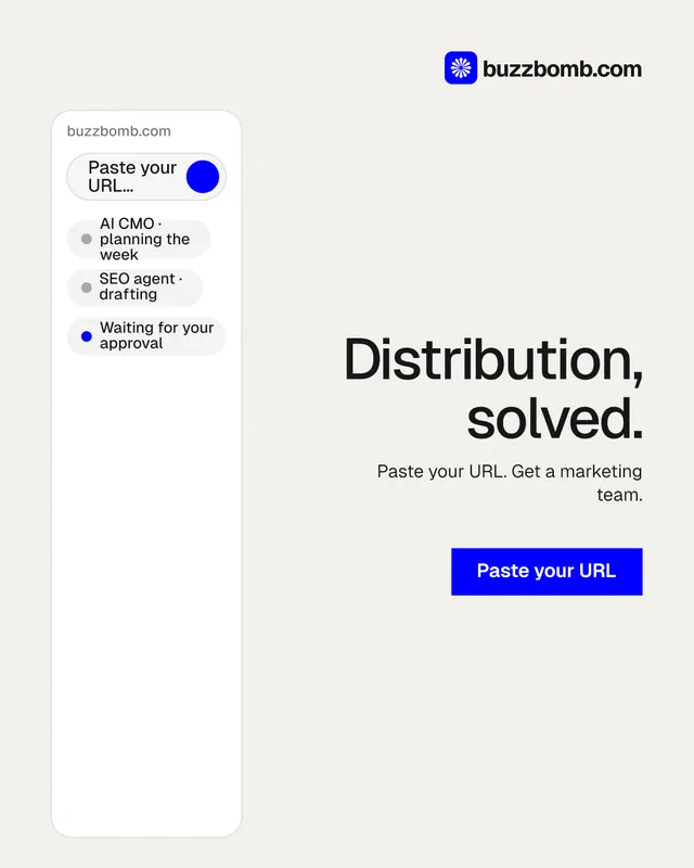 Instagram portrait post for BuzzBomb: "Distribution, solved." Swiss style, right layout, light palette in white.