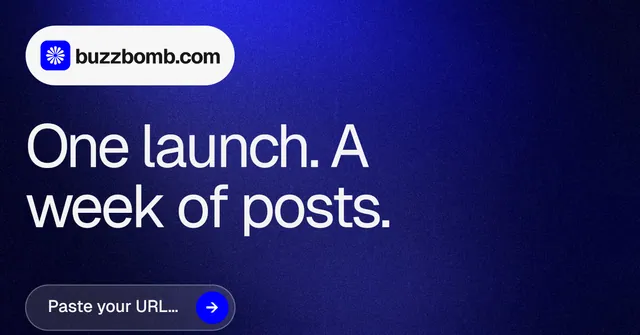 Social ad for BuzzBomb: "One launch. A week of posts." Agentic glass style, announce layout, dark palette in black, blue, grey.