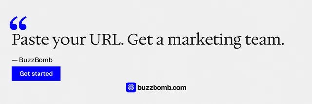 X header for BuzzBomb: "Your AI marketing team." Swiss style, quote layout, light palette in white, blue.