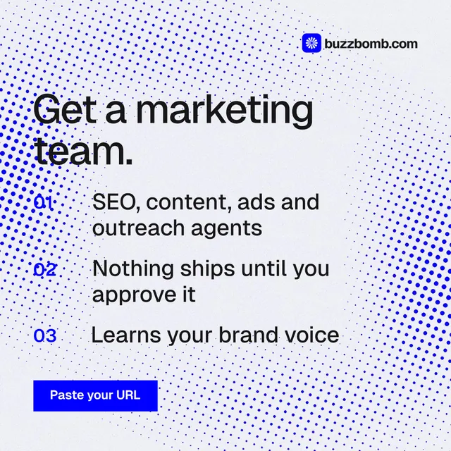 Instagram post for BuzzBomb: "Get a marketing team." Swiss style, numbered layout, light palette in blue, white.