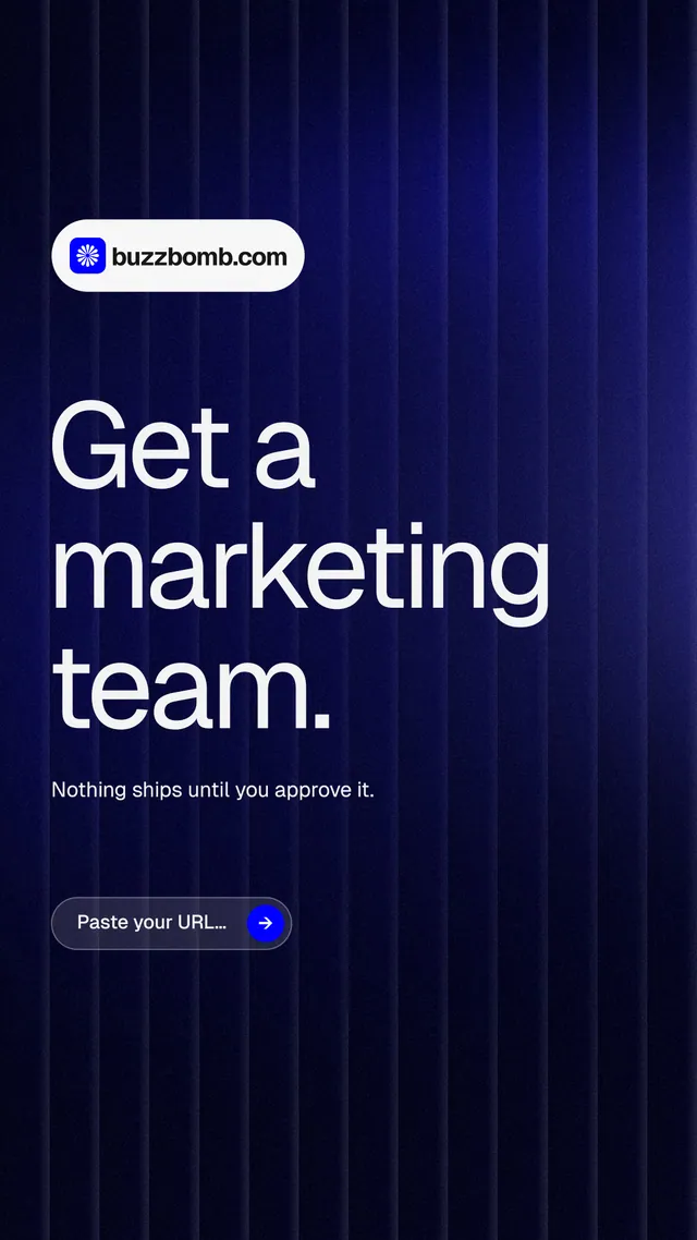 Instagram story for BuzzBomb: "Get a marketing team." Agentic glass style, announce layout, dark palette in blue, black.