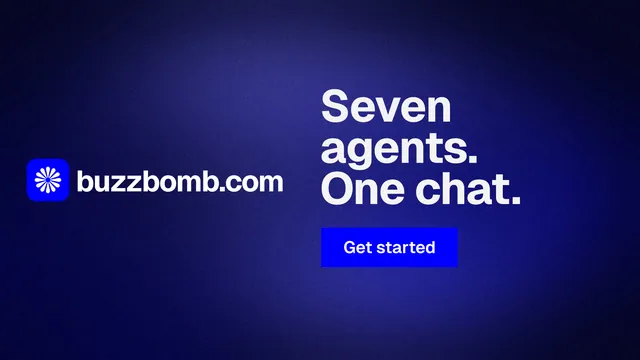 Landscape graphic for BuzzBomb: "Seven agents. One chat." Swiss style, logo hero layout, dark palette in black, blue.