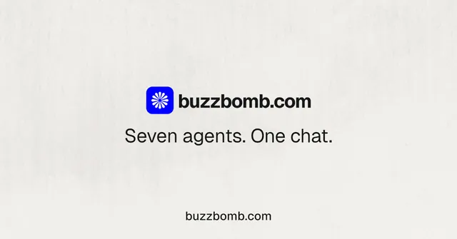 Social ad for BuzzBomb: "Seven agents. One chat." Swiss style, end card layout, light palette in white.