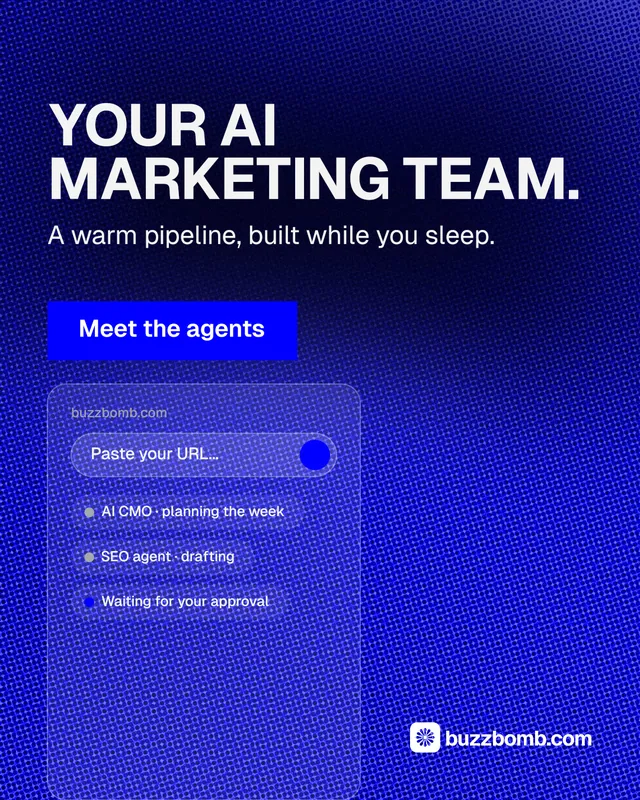 Instagram portrait post for BuzzBomb: "Your AI marketing team." Swiss style, skeleton layout, dark palette in blue.