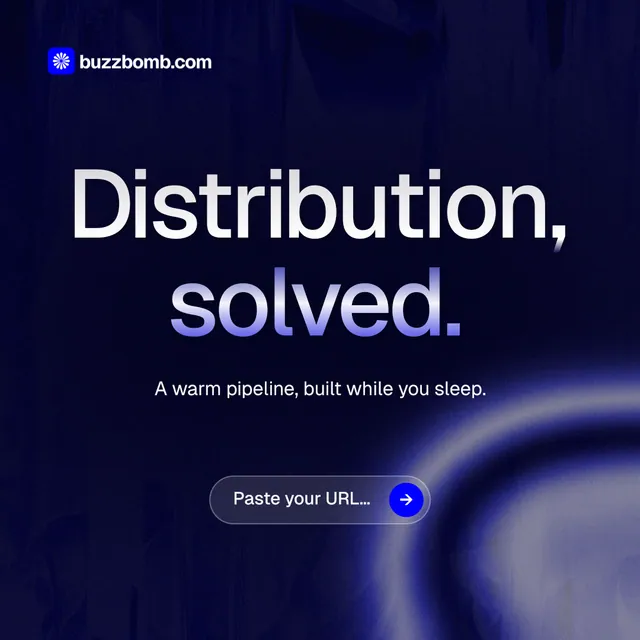 Instagram post for BuzzBomb: "Distribution, solved." Agentic glass style, centred layout, dark palette in black, blue, grey.