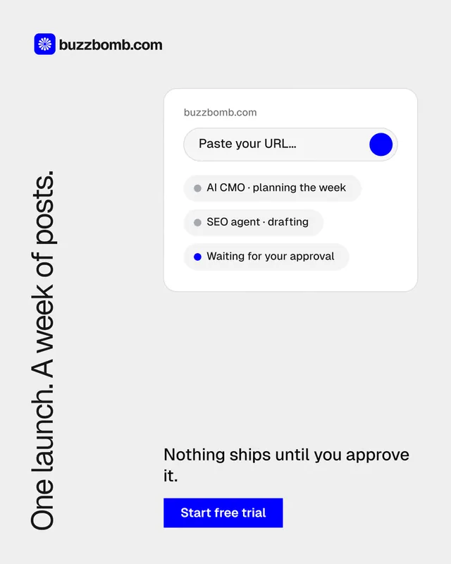 Instagram portrait post for BuzzBomb: "One launch. A week of posts." Swiss style, vertical layout, light palette in white, blue.