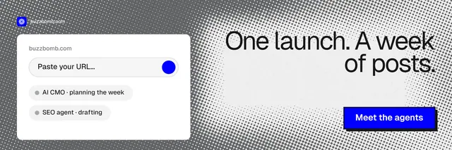 X header for BuzzBomb: "One launch. A week of posts." Brutalist style, right layout, light palette in grey, white.