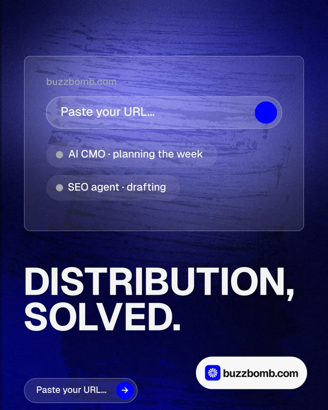 Instagram portrait post for BuzzBomb: "Distribution, solved." Agentic glass style, bottom layout, dark palette in black, blue.