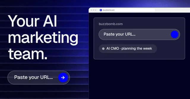 Social ad for BuzzBomb: "Your AI marketing team." Agentic glass style, browser layout, dark palette in blue, black, grey.