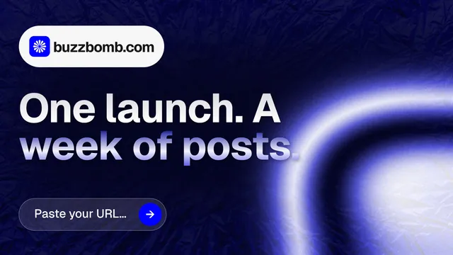 Landscape graphic for BuzzBomb: "One launch. A week of posts." Agentic glass style, announce layout, dark palette in blue, black.