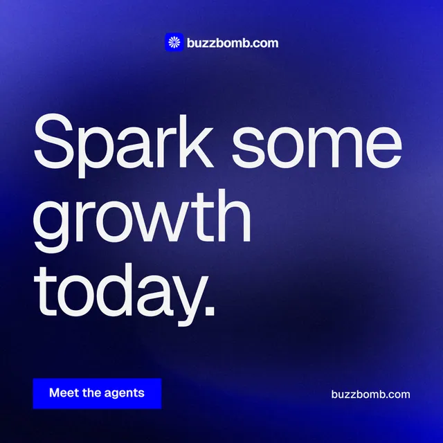 Instagram post for BuzzBomb: "Spark some growth today." Swiss style, poster layout, dark palette in blue.