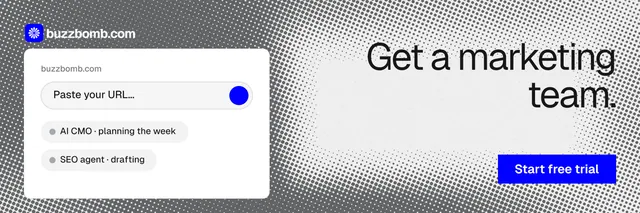 X header for BuzzBomb: "Get a marketing team." Swiss style, right layout, light palette in grey, white.