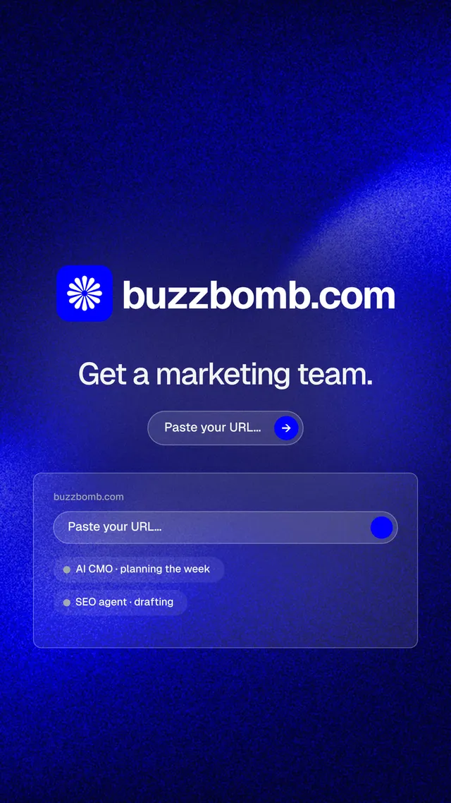 Instagram story for BuzzBomb: "Get a marketing team." Agentic glass style, logo hero layout, dark palette in blue.