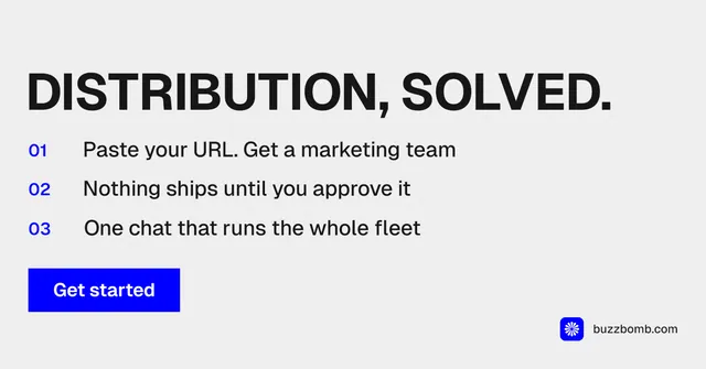 Social ad for BuzzBomb: "Distribution, solved." Swiss style, numbered layout, light palette in white, grey.