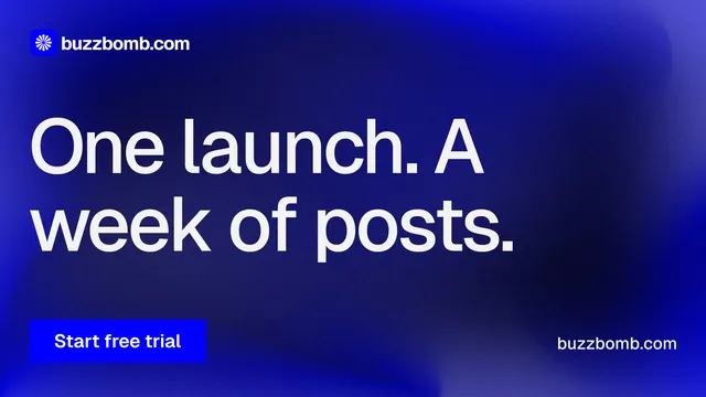 Landscape graphic for BuzzBomb: "One launch. A week of posts." Swiss style, poster layout, dark palette in blue.