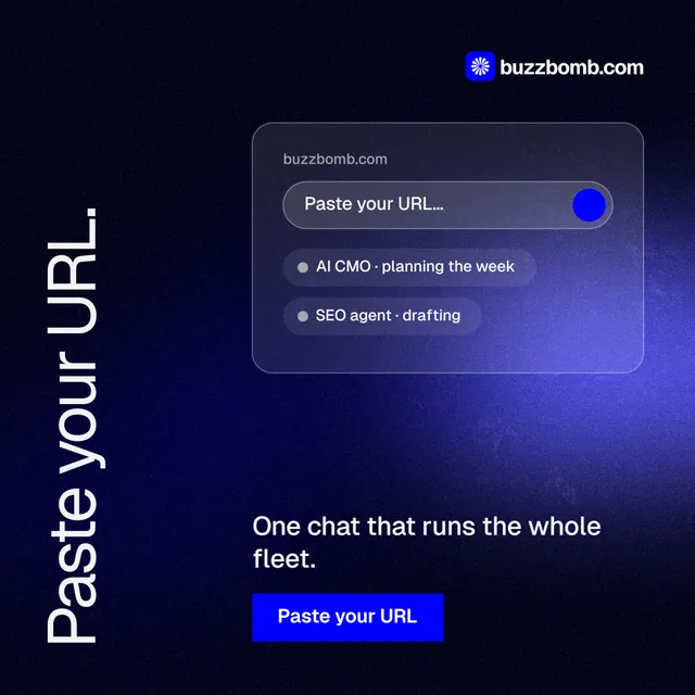 Instagram post for BuzzBomb: "Paste your URL." Swiss style, vertical layout, dark palette in black, blue.