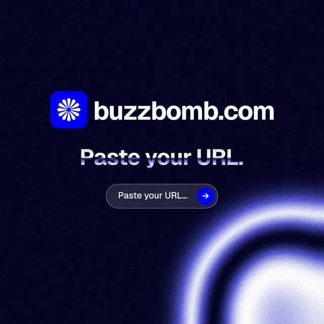 Instagram post for BuzzBomb: "Paste your URL." Agentic glass style, logo hero layout, dark palette in black, blue.