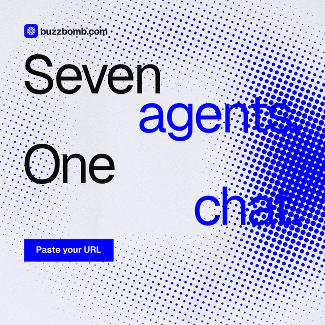 Instagram post for BuzzBomb: "Seven agents. One chat." Swiss style, stacked layout, light palette in blue, white.