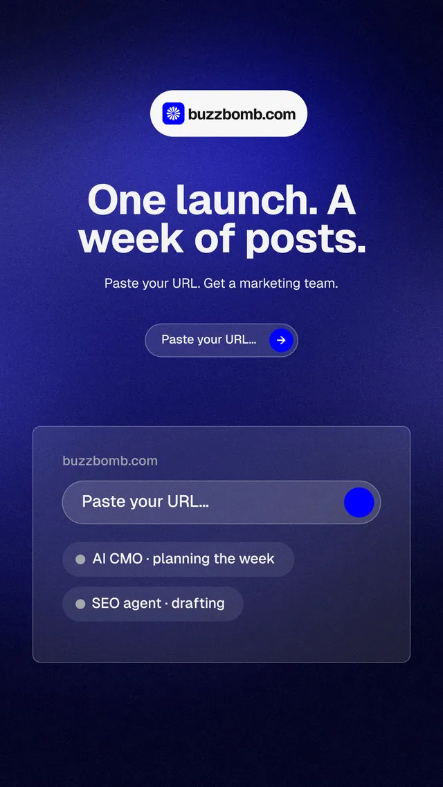 Instagram story for BuzzBomb: "One launch. A week of posts." Agentic glass style, centred layout, dark palette in black, blue.