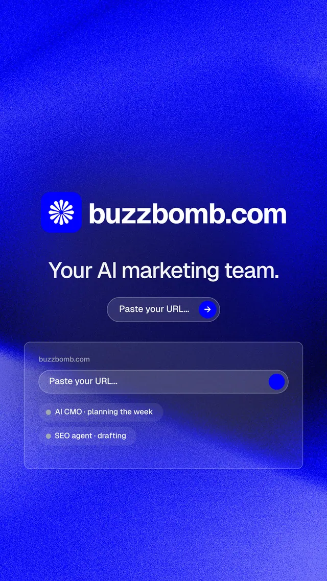 Instagram story for BuzzBomb: "Your AI marketing team." Agentic glass style, logo hero layout, dark palette in blue.