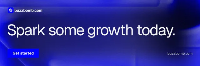 X header for BuzzBomb: "Spark some growth today." Swiss style, poster layout, dark palette in blue.