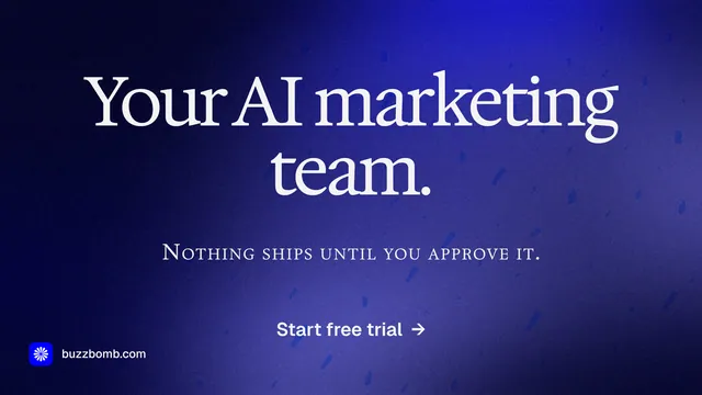 Landscape graphic for BuzzBomb: "Your AI marketing team." Agentic glass style, smallcaps layout, dark palette in black, blue.