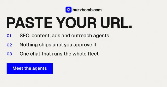 Social ad for BuzzBomb: "Paste your URL." Swiss style, numbered layout, light palette in white, grey.