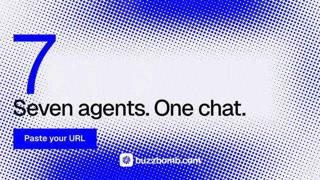 Landscape graphic for BuzzBomb: "Seven agents. One chat." Swiss style, stat layout, light palette in blue, white.