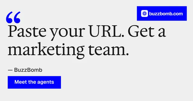 Social ad for BuzzBomb: "Get a marketing team." Swiss style, quote layout, light palette in white, blue.